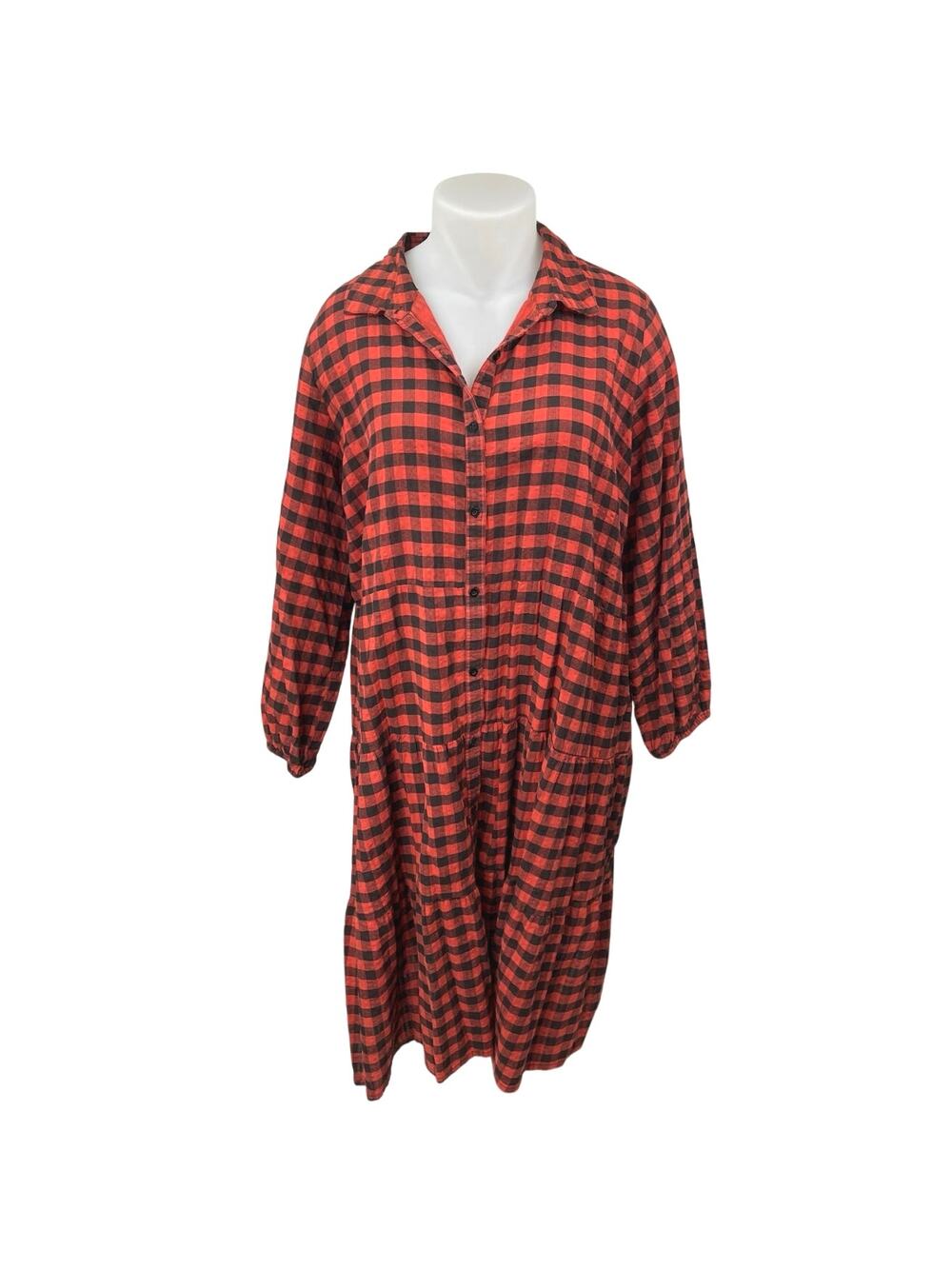 Violet Red Black Plaid Checkered Long Sleeve Button Tiered Midi Shirt Dress 18